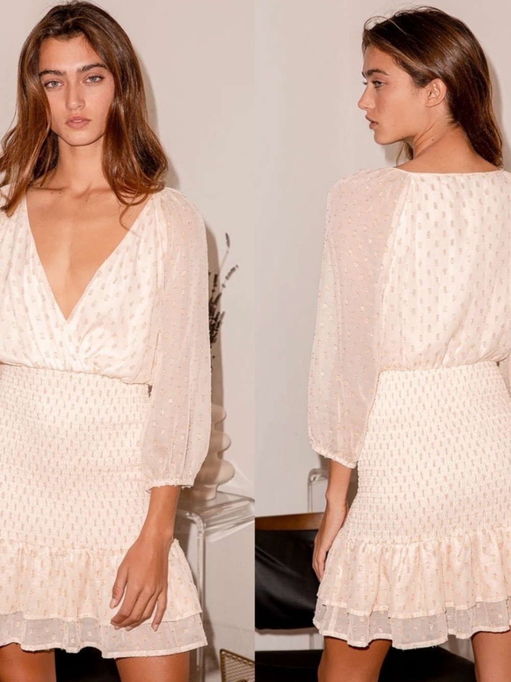 Lulus All The Cheers Cream Gold Dotted Smocked Mini Dress S $79 Retail